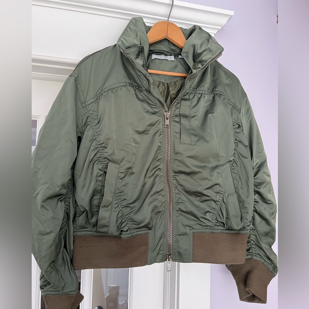 Vince cropped satin bomber jacket size M olive worn twice